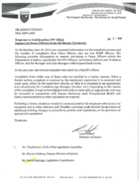 129-18(2) - Follow-up Letter to Oral Question 297-18(2) Support for Peace Officers in the NWT 