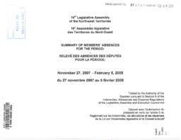 007-16(2) - Summary of Members' Absences for the Period: November 27, 2007 to February 5, 2008 = Releve des Absences des Deputes pour la Period: du 27 novembre 2007 au 5 fevrier 2008