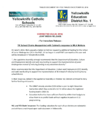 161-17(5) - Yellowknife Catholic Schools and Yellowknife Education District No. 1, Corrected (Oct. 28, 2014), Joint Media Release, YK School Chairs Disappointed with Cabinet's Response to MLA Motions 