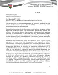 346-18(3) - Follow-up Letter for Oral Question 571-18(3): Impact of Fetal Alcohol Spectrum Disorder on the Justice System 