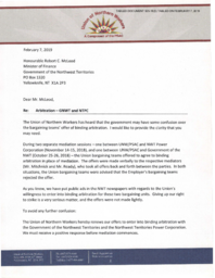 325-18(3) - Letter Dated February 7, 2019 from the Union of Northern Workers to Minister of Finance regarding Arbitration - GNWT and NTPC 