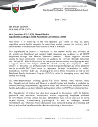 131-19(2) - Follow-up Letter for Oral Question 232-19(2): Mental Health Support for Staffing at South Mackenzie Correctional Centre 