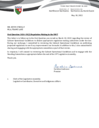 642-19(2) - Follow-up Letter for Oral Question 1024-19(2):  Regulation Making in the NWT