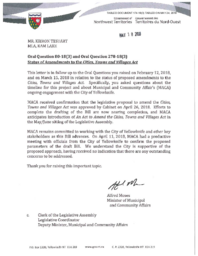 174-18(3) - Follow-Up Letter to Oral Questions 80-18(3) and 278-18(3): Status of Amendments to the Cities, Towns and Villages Act 