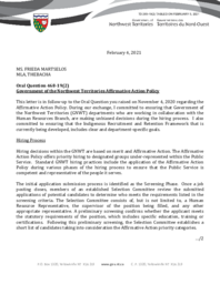 293-19(2) - Follow-up Letter for Oral Question 468-19(2): Government of the Northwest Territories Affirmative Action Policy 