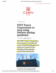 213-19(2) - Cabin Radio article dated March 18, 2020 titled "NWT Power Corporation to stop using limiters during pandemic" 