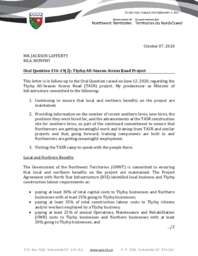 292-19(2) - Follow-up Letter for Oral Question 336-19(2): Tlicho All-Season Access Road Project 