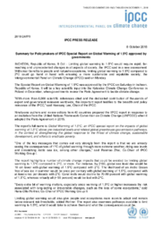 235-18(3) - Intergovernmental Panel on Climate Change Press Release - Summary for Policymakers of IPCC Special Report on Global Warming of 1.5 C approved by governments 