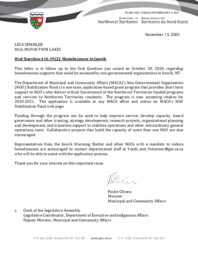 264-19(2) - Follow-up Letter for Oral Question 416-19(2): Homelessness in Inuvik 