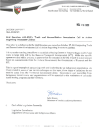 251-19(2) - Follow-up Letter for Oral Question 406-19(2): Truth and Reconciliation Commission Call to Action Regarding Treatment Centres 