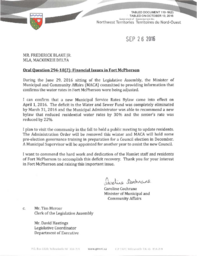 110-18(2) - Follow-up Letter to Oral Question 294-18(2) Financial Issues in Fort McPherson 