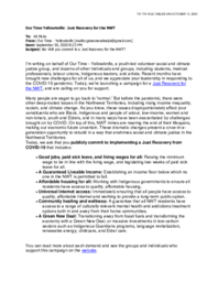 179-19(2) - E-mail dated September 30, 2020 from Our Time Yellowknife to Members of the Legislative Assembly regarding Just Recovery for the NWT 