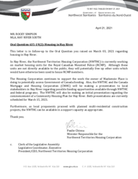 397-19(2) - Follow-up Letter for Oral Question 635-19(2)  Housing in Hay River