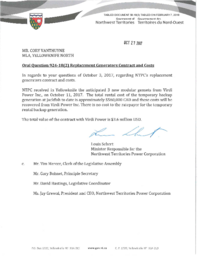 058-18(3) - Follow-Up Letter for Oral Question 924-18(2) Replacement Generators Contract and Costs 