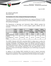 064-19(2) - Follow-up Letter for Oral Question 104-19(2): Closing the Municipal Funding Gap 