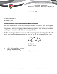 314-19(2) - Follow-up Letter for Oral Question 497-19(2): Corrections Workplace Assessment 