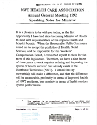 101-12(2) - NWT Health Care Association Annual General Meeting 1992 Speaking Notes for Minister