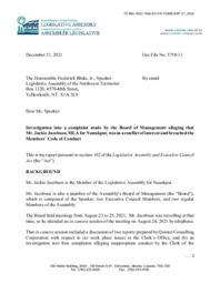 560-19(2) - Report of the NWT Integrity Commissioner on the Investigation into a Complaint Made by the Board of Management Alleging that Mr. Jackie Jacobson, Jackie, MLA for Nunakput, was in a Conflict of Interest and Breached the Members' Code of Conduct