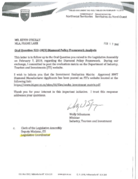 342-18(3) - Follow-up Letter to Oral Question 522-18(3): Diamond Policy Framework Analysis 