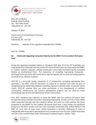 203-19(2) - Letter dated October 23, 2020 from Association of Consulting Engineering Companies to MLA Frame Lake on Statements Regarding Companies Selected by the GNWT for the Lockhart All-Season Road 