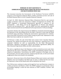 329-19(2) - Summary of GNWT Response to Dominion Diamond Mines Creditor Protection Process and Ekati Diamond Mine Sale 