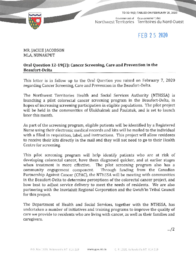 032-19(2) - Follow-up Letter for Oral Question 12-19(2): Cancer Screening, Care and Prevention in the Beaufort-Delta 