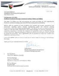 266-19(2) - Follow-up Letter for Oral Question 418-19(2): Northwest Territories Housing Corporation Funding, Policies and Staffing 