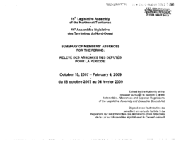 18-16(3) - Summary of Members' Absences for the Period: October 18, 2007 to February 4, 2009 = Releve des Absences des Deputes pour la Period: du 18 octobre 2007 au 04 fevrier 2009