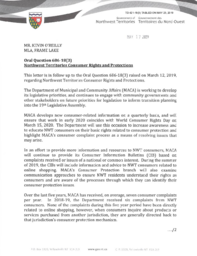 421-18(3) - Follow-up Letter for Oral Question 686-18(3): Northwest Territories Consumer Rights and Protections 