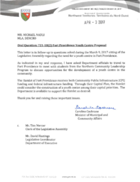 363-18(2) - Follow-Up Letter for Oral Question 721-18(2) Fort Providence Youth Centre Proposal 