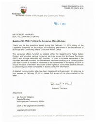 092-17(5) - Letters to Mr. Hawkins, Robert, 1971-, MLA, Yellowknife Centre, dated February 24, 2014 and May 2, 2014 Regarding Consumer Affairs Division 