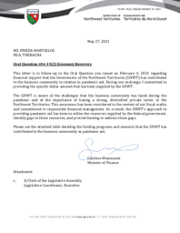 391-19(2) - Follow-up Letter for Oral Question 494-19(2):  Economic Recovery