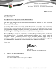 356-19(2) - Follow-up Letter for Oral Question 584-19(2): Community Wellness Plans 