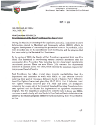 259-18(3) - Follow-up Letter for Oral Question 330-18(3): Establishment of the Fort Providence Fire Department 