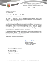 360-18(2) - Follow-Up Letter for Oral Question 472-18(2) and 483-18(2) Status of Regional Youth and Volunteer Positions 