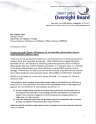 393-18(3) - Letter dated February 25, 2019 from the Giant Mine Oversight Board regarding Comments on the Terms of Reference for the Giant Mine Remediation Project Socio-economic Advisory Body 