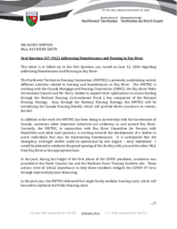 163-19(2) - Follow-up Letter for Oral Question 337-19(2): Addressing Homelessness and Housing in Hay River 