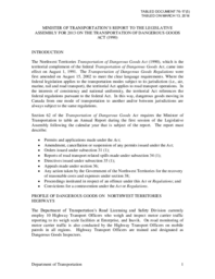 076-17(5) - Minister of Transportation's Report to the Legislative Assembly for 2013 on the Transportation of Dangerous Goods Act (1990) 