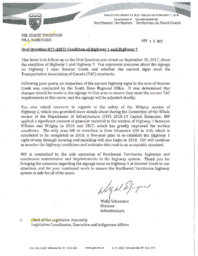 053-18(3) - Follow-Up Letter for Oral Question 877-18(2) Condition of Highway 1 and Highway 7 