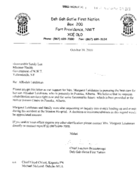 168-16(5) - Letter to Minister Lee, Health and Social Services, from Samuel Gargan, Grand Chief, Dehcho First Nations, on an investigation into the Allisdair Leishman incident at Stanton Territorial Hospital 