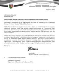 357-19(2) - Follow-up Letter for Oral Question 586-19(2): Stanton Territorial Hospital Medical Detox Service 