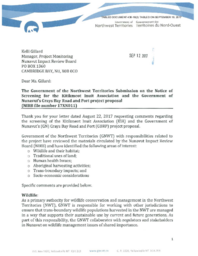 438-18(2) - Correspondence to Nunavut Impact Review Board regarding the Government of the Northwest Territories Submission on the Notice of Screening for the Kitikmeot Inuit Association and the Government of Nunavut's Grays Bay Road and Port Project Propo