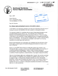 13-15(6) - Letter to Robert Hawkins dated, May 3, 2007, from Therese Boullard, Director of the Northwest Territories Human Rights Commission, regarding human rights and housing for persons with assistive animals