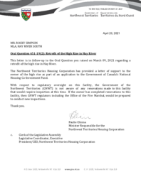 399-19(2) - Follow-up Letter for Oral Question 651-19(2):  Retrofit of the High Rise in Hay River 