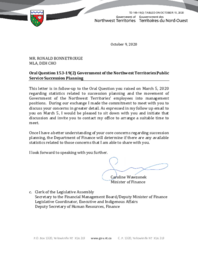 169-19(2) - Follow-up Letter for Oral Question 153-19(2): Government of the Northwest Territories Public Service Succession Planning 