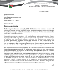 309-19(2) - Letter from Minister of Municipal and Community Affairs to Northwest Territories Tourism dated February 10, 2021 regarding Remote Lodge Licencing 