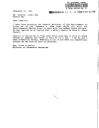 036-91(1) - Letter from Hon. Allooloo Requesting Name of a Nominee for James Bay II Environmental Review Panel