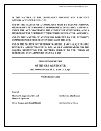 465-19(2) - Disposition Report of the Sole Adjudicator , the Honourable R. L. Barclay, Q.C. dated November 17, 2021 