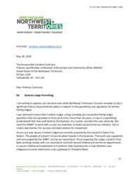 123-19(2) - Letter from Northwest Territories Tourism dated May 28, 2020 to the Premier regarding Remote Lodge Permitting 