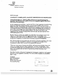 055-13(6)-Copy of news release, July 11, 1996 : conflict complaint against Groenewegen dismissed.